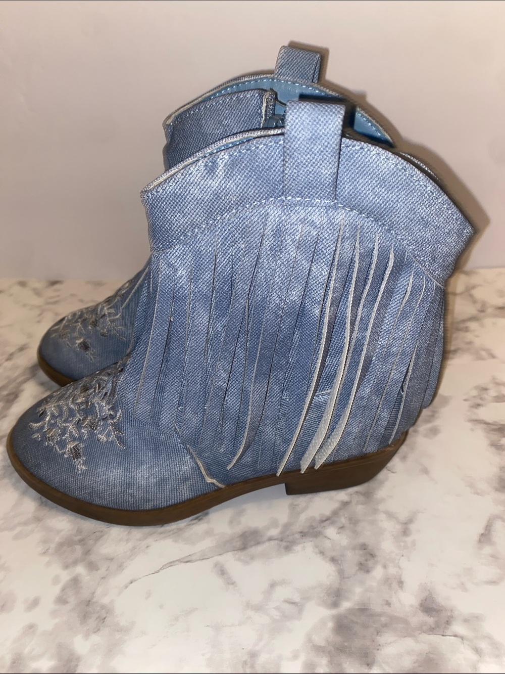 PAWZ Light Blue Embroidered Fringe Ankle Boots - Picture 2 of 5